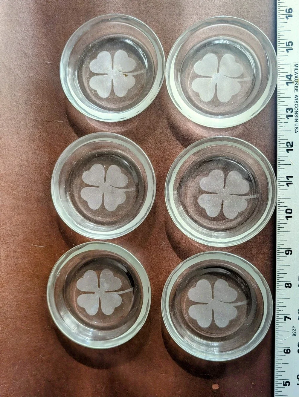 Clover Shamrock Glass Coaster Set 6-pc with Box by 'Monogram Decorative Crystal'